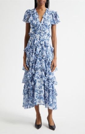 Cinq &agrave; Sept Floral Tiered Ruffle Dress in Night Tide Multi at Nordstrom, Size 00