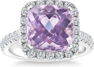Pompeii3 6 1/4Ct Cushion Pink Kunzite & Diamond Halo Ring 14k Gold Lab Grown