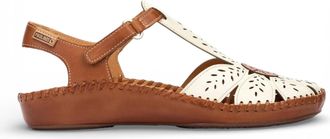 Pikolinos dames sandalen met sleehak, gemaakt van bruin en cr&egrave;mekleurig leer - P-Vallarta