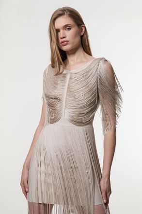 Karen Millen Womens Maxi Draped Fringe Knitted Mini Dress - Silver - Size 12 UK