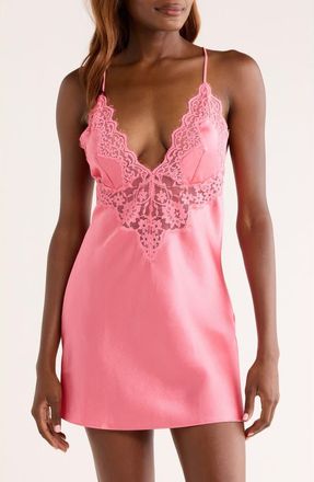 Hunkem&ouml;ller Mya Lace Trim Satin Chemise in Private at Nordstrom, Size X-Large