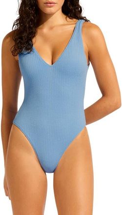 Seafolly Sea Dive Deep V-Neck One-Piece Swimsuit in Cornflower at Nordstrom, Size 10 Us