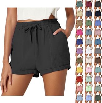Generic Linen Shorts Women Ladies Solid Colour Drawstring with Pockets Elastic Waist Loose Casual Pants Summer Clothes Beach Walking Pants for Women UK Solid 