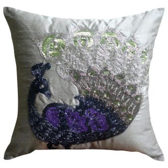OEM Funda De Coj&iacute;n Decorativa Con Estampado De Pavo Real Y Cuentas Plateadas, 50 X 50 Cm (20 X 20 Pulgadas), Estampado Floral, Seda Cuadrada, Estilo Tradi