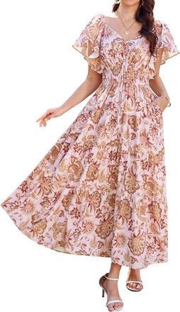 Grace Karin Women Elegant Floral Maxi Dress Ruffle Sleeve V Neck Summer Dress Casual Boho Dress Beach Dress White Yellow Flower S