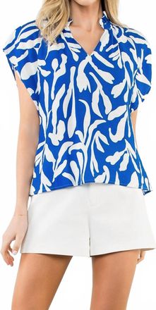 THML Clothing Rena Geo Print Top In Royal Blue & White