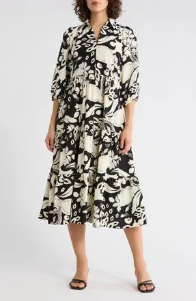 Sandra Darren Three-Quarter Sleeve Tiered Dress in Black/White at Nordstrom Rack, Size X-Large