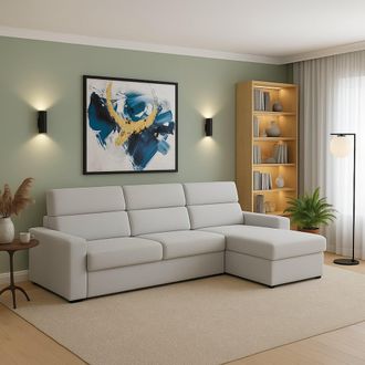 Dmora Sof&aacute; Fijo Con Chaiselongue Vigonovo, Desenfundable, Repelente Al Agua, Multiposici&oacute;n, Hecho En Italia, Lavable, 280x160 Cm Gris Claro