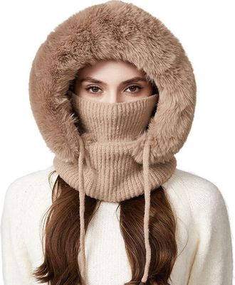 Generic Womens Winter Hat 3 in 1 Beanie Hat for Women Thermal Knitted Ear Warmer with Neck Gaiter and Face Mask Knit Balaclava Windproof Ski Mask Winter Hats 