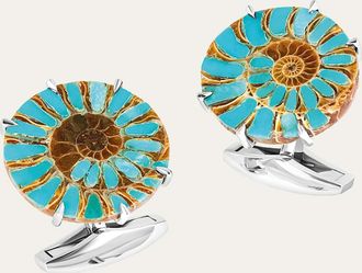 Tateossian Mens Limited Edition Ammonite Cufflinks in Rhodium Silver with Turquoise
