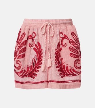 Farm Rio Embroidered cotton mesh shorts