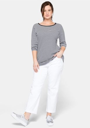 Sheego 3/4-Arm-Shirt SHEEGO 3/4-Arm-Shirt, Damen, Gr. 40/42, blau (marine), 100% Baumwolle, gemustert, mehrfarbig, Rundhals, Shirts 3/4-Arm-Shirt