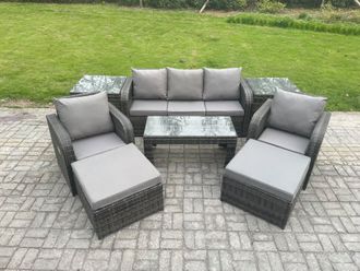 Fimous Rattan Garden Furniture Set with Rectangular Coffee Table 2 Side Tables 2 Big Footstool 7 Seater Patio Outdoor Lounge Sofa Set in Dark Grey