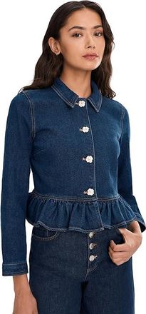 CeCe by Cynthia Steffe Collared Peplum Denim Jacket Womens Jacket Mid Indigo : XL, Cotton/Spandex