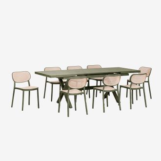 Sklum Set De Mesa Rectangular 180-240x90 Cm Extensible En Aluminio Karena Y 8 Sillas De Comedor Apilables En Polipropileno Omara Sklum