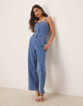 Nobody's Child Aster - Tuta jumpsuit lavaggio medio con bottoni e spalline sottili-Blu