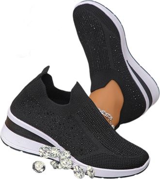 Generic Breathable Rhinestone Embellished Orthopedic Sneakers, Mesh Slip-On Wedge Sneakers, Glitter Tennis Shoes for Walking Wedding and Daily Wear (6.5,Black