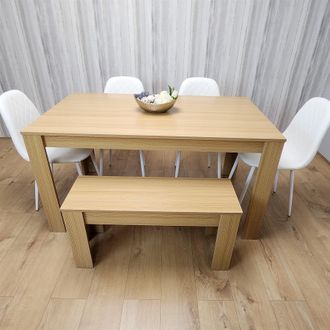 Kosy Koala Wooden Dining Table Set for 6 Oak Effect Table With 4 White Gem Patterned Chairs and 1 Bench