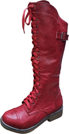 Generic Stylish Womens Embroidered Floral Mid Calf Boots Chunky Platform Sole Block Heel Round Toe Lace Up Design Autumn Footwear (Red, 5.5)