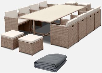 Sweeek Set tavolo da giardino in resina con 12 poltrone + copertura di protezione