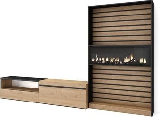 Skraut Home Mueble tv efecto madera roble negro 310x35x186cm chimenea efecto fuego