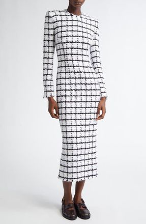 Thom Browne Windowpane Check Tweed Long Sleeve Sheath Dress in White at Nordstrom, Size 4 Us