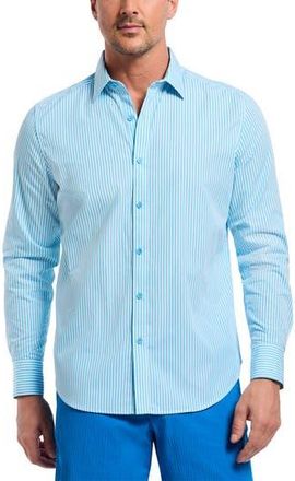 Robert Graham Greenwich Stripe Stretch Button-Up Shirt in Aqua at Nordstrom Rack, Size 4X-Large