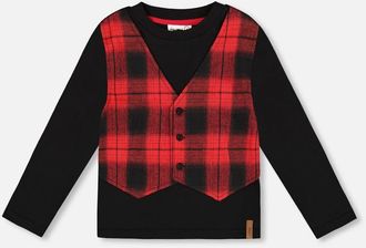 Deux par Deux T-Shirt with Plaid Vest in Red And Black Plaid at Nordstrom, Size 24M