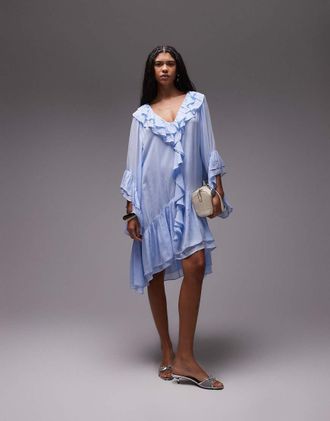 & Other Stories Vestito corto in chiffon trasparente blu tenue con orlo a balze e volant