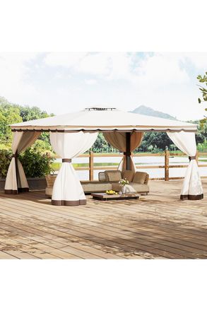 Living and Home 13 x 13FT Tiered Roof Metal Frame Patio Gazebo with Curtains in Beige