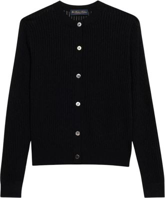 Brooks Brothers Pointelle Viscose Crewneck Cardigan - Dames - Vesten - Zwart - M - Truien & Vesten