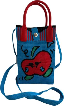 Generic Knitted Mobile Phone Crossbody Bag with Magnetic Buckle, Polyester Fiber Vertical Square Shoulder Bag, 12x18cm with 110cm Strap, Cartoon Design (blue)
