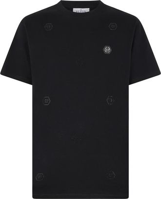 Philipp Plein Tops, Heren, Zwart, M, Katoen, Round Neck T-Shirt Monogram Stones