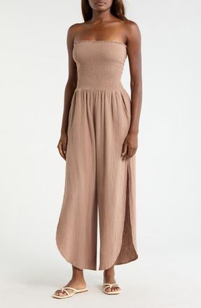 Elan Strapless Smocked Bodice Cotton Gauze Cover-Up Jumpsuit in Taupe at Nordstrom, Size X-Large