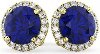 Allurez Halo Round Lab Blue Sapphire & Diamond Earrings 14k Yellow Gold (5.17ct)