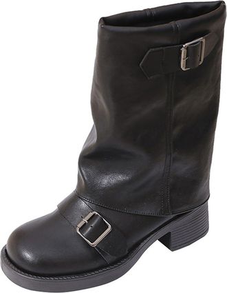 Generic Womens Mid Calf Boots Fold Over Chunky Heel Boots with Buckle Ladies Round Toe Slip-on Boot Comfortable Leather Pull On Anti-Slip Motorcycle Riding Sh