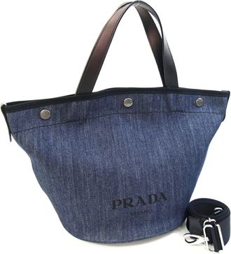 Prada Black Blue Denim Leather Tote Bag (Pre-Owned)