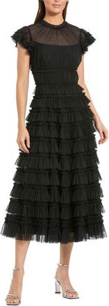 Mac Duggal Solid Mesh Dot Micro Ruffle High Neck Midi dress in Black at Nordstrom, Size 14