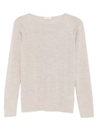 Brunello Cucinelli long-sleeve round-neck T-shirt - women - Silk/Cashmere - L - Brown