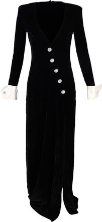 Alessandra Rich Maxi Deep V-Neck Embellished Gown with Slit in Black Velvet