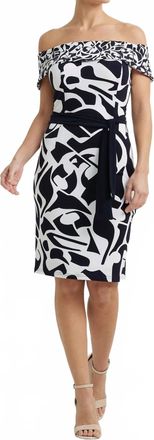 Joseph Ribkoff Off-Shoulder Belted Bodycon Dress In Vanilla/midnight Blue