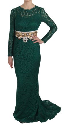Dolce & Gabbana Womens Lace Sheath Gown Green Rayon Nylon Cotton