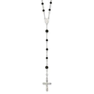 Diamond2Deal Sterling Silver Polished Black Onyx Rosary Necklace 33
