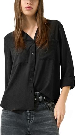 QS by s.Oliver Langarmbluse QS, Damen, Gr. 32, schwarz, Web, Obermaterial: 100% Polyester, unifarben, tailliert h&uuml;ftbedeckend, V-Ausschnitt, mit Knopf krempelbar,mit