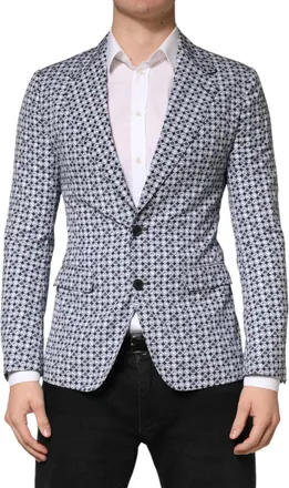 Dolce & Gabbana Mens Blue Cotton Patterned Single Breasted Blazer Virgin Wool Clothing