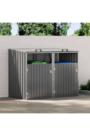 Living and Home Outdoor Double Trash Bin Shed - Lockable Steel Garbage Hideaway in Grey