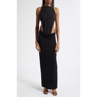 Courr&egrave;ges Draped Wool Stretch Crepe Cutout Dress in Black at Nordstrom, Size 38