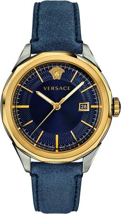 Versace Blauw Lederen Gouden Stalen Horloge Vera 00218 - Heren - Horloges - Veelkleurig - ONE Size - Accessoires