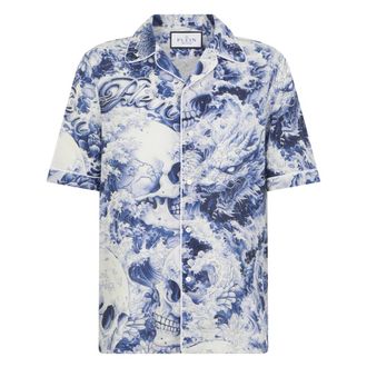 Philipp Plein Overhemden, Heren, Blauw, S, Katoen, Linen Bowling Shirt All-Over Ceramic