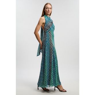 Karen Millen Polka Dot Halter Pleated Maxi Dress in Green at Nordstrom, Size 12